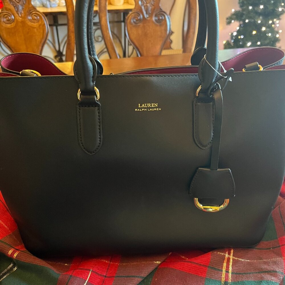 NWT Lauren Ralph Lauren Dryden Marcy Satchel Black Leather Structured Tote Bag
